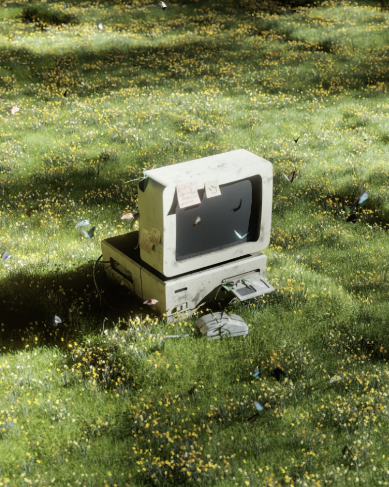 A computer in grass
